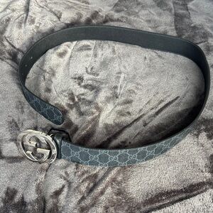 Gucci Monogram Black and Gray Belt with Silver Logo Buckle